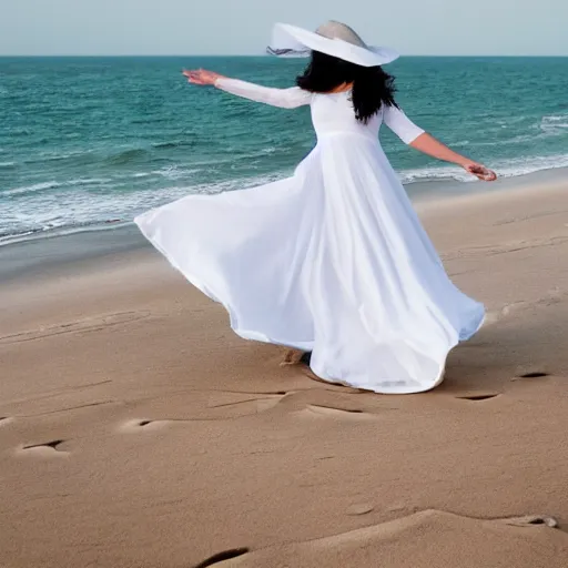 Image similar to lonely wonderful lady with a white large magnificent more and more vaporous ,wrapped ,hight decorated,detailed ,white roses cotton dress is moving in the sand near the ocean, during lightning storm, her face is visible , 8k