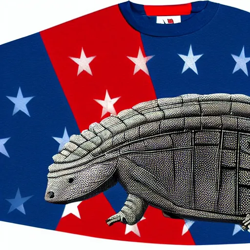 Image similar to t-shirt design, armadillo patriot potus, modern art placed in a large living room, superrealism 3d 8k resolution