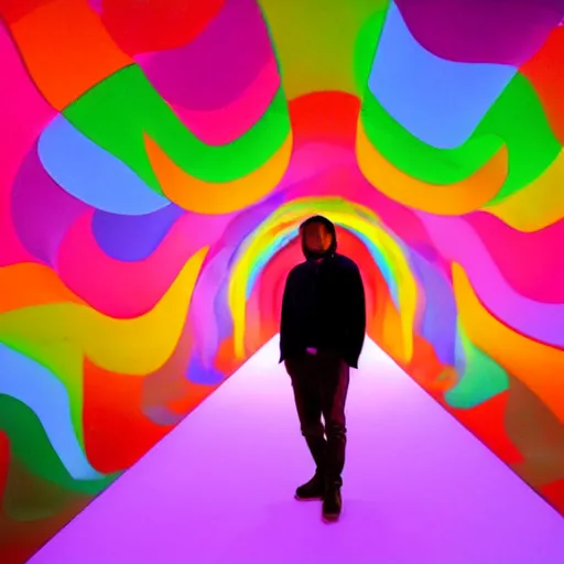 Prompt: a man standing in a tunnel with a colorful background, an abstract sculpture by huang ding, featured on dribble, interactive art, made of insects, biomorphic, irridescent