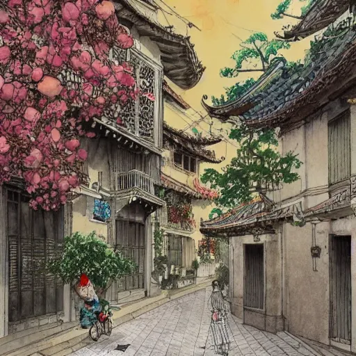 Prompt: a beautiful urban sketching watercolour painting of sino - portuguese architecture, flowers, by victo ngai, johfra bosschart, greg rutkowski