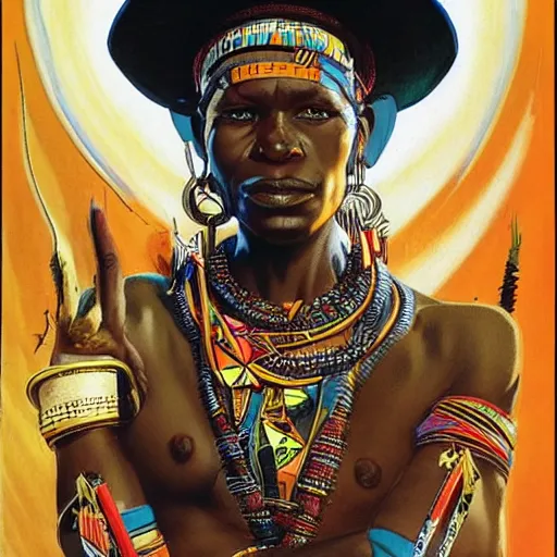 Prompt: an african tribal chief, art by drew struzan & joseph christian leyendecker, retro futuristic