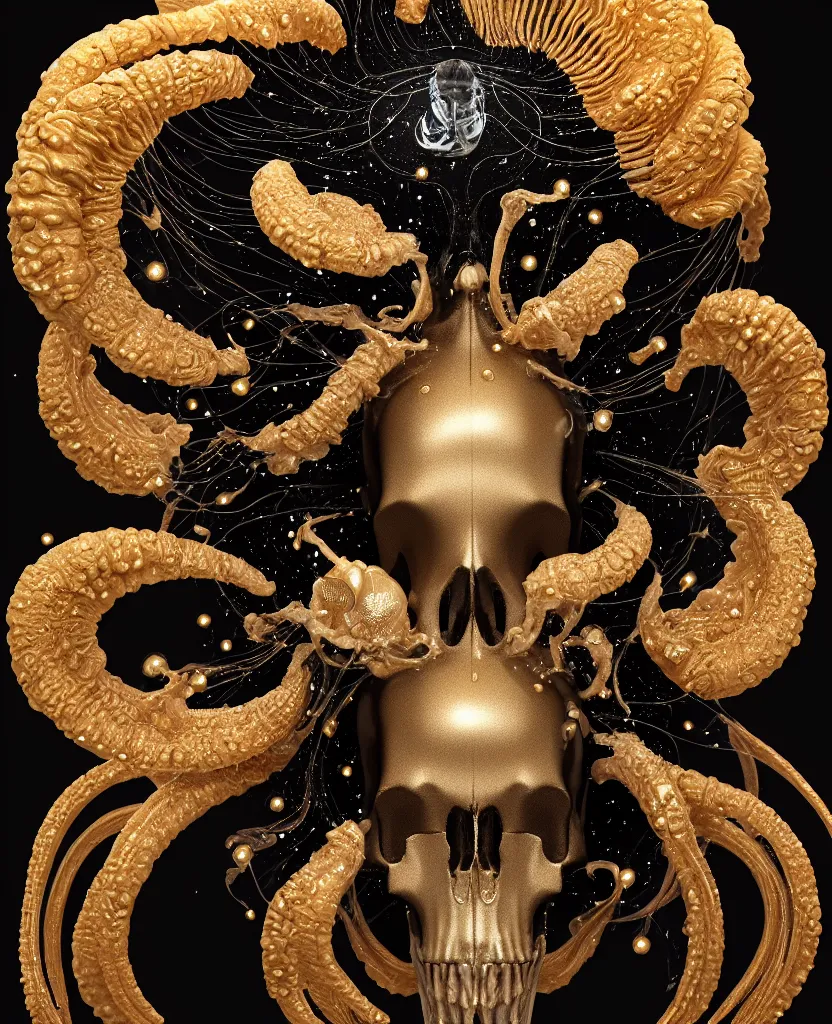 Image similar to black background. goddess princess face close-up portrait ram skull. sculpture made of gold and brilliants. jellyfish phoenix head, nautilus, orchid, skull, betta fish, bioluminiscent creatures, intricate artwork by Tooth Wu and wlop and beeple. octane render, trending on artstation, greg rutkowski very coherent symmetrical artwork. cinematic, hyper realism, high detail, octane render, 8k