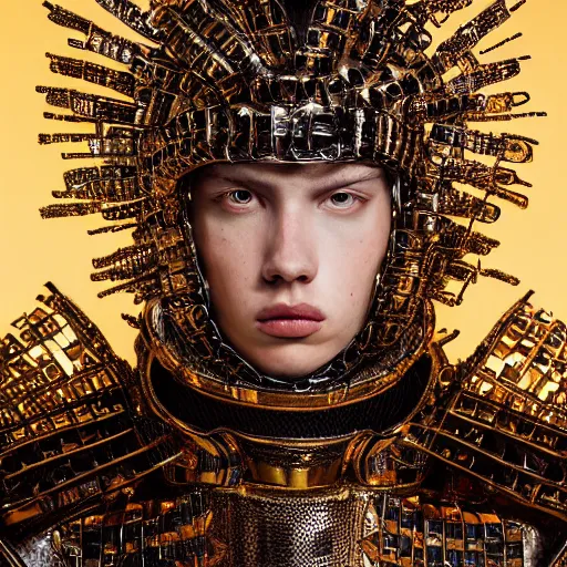 Image similar to a portrait of a beautiful young male wearing an alexander mcqueen armor made of mirrors , photographed by andrew thomas huang, artistic