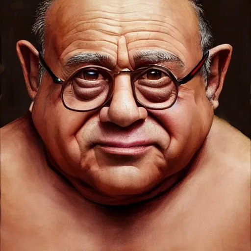 Image similar to hyperrealistic mixed media high resolution painting of Danny DeVito is Gollum, stunning 3d render inspired art by Jamie Salmon and István Sándorfi and Unreal Engine and Greg Rutkowski, perfect facial symmetry, dim volumetric lighting, 8k octane beautifully detailed render, full body shot, post-processing, extremely hyper-detailed, intricate, epic composition, highly detailed attributes, highly detailed atmosphere, cinematic lighting, masterpiece, trending on artstation, very very detailed, masterpiece, stunning, flawless completion, lifelike texture, perfection,