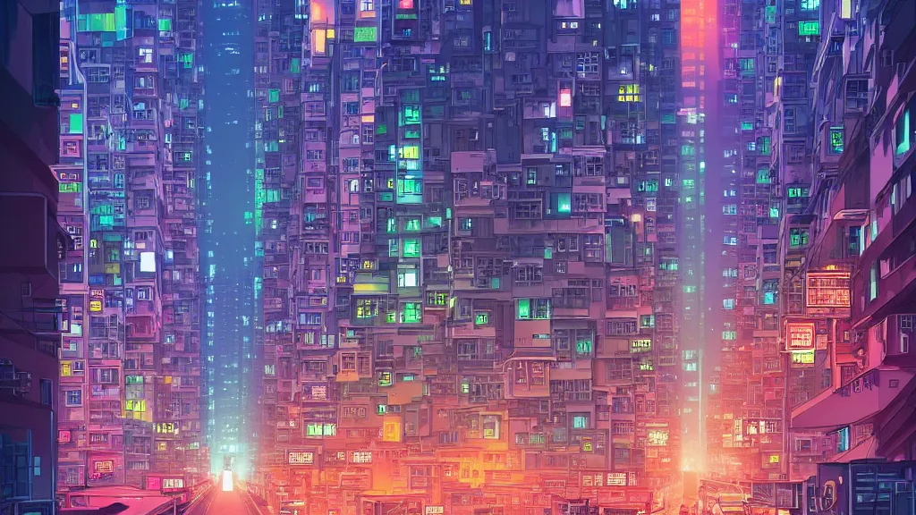 Image similar to street level view looking down the street road of futuristic hong kong city at night by cyril rolando and naomi okubo and dan mumford and ricardo bofill. advertisements. neon. tower blocks.