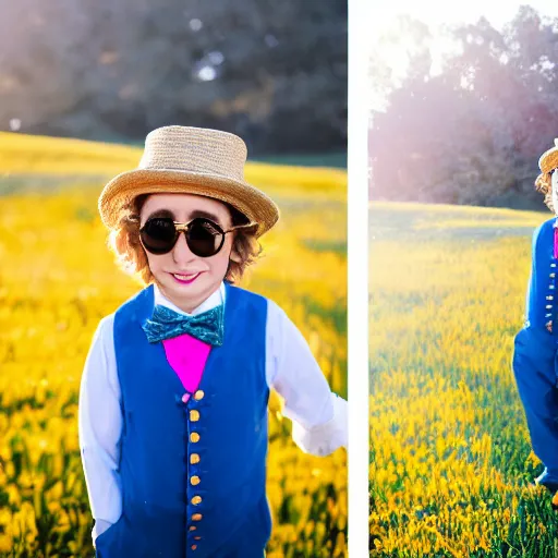 Image similar to Willy Wonka portrait, golden hour, EOS-1D, f/1.4, ISO 200, 1/160s, 8K, RAW, unedited, symmetrical balance, in-frame