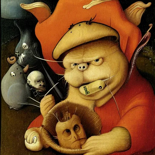 Prompt: garfield in the style of hieronymus bosch.
