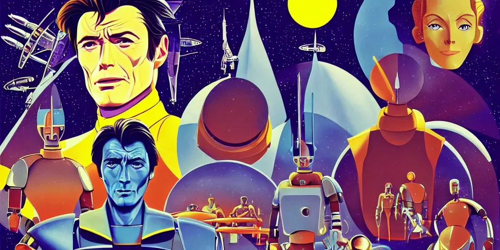 Image similar to traditional drawn colorful animation a symmetrical portrait of lonely single Alain Delon Stallone Clint Eastwood alone pilot in posing in spaceship station planet captain bridge outer worlds robots extraterrestrial hyper contrast well drawn Metal Hurlant Pilote and Pif in Jean Henri Gaston Giraud animation film The Masters of Time FANTASTIC PLANET La planète sauvage animation by René Laloux