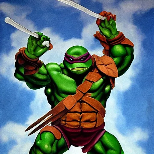 Image similar to Michaelangelo from the Teenage Mutants Ninja Turtles painted by Michaelangelo, masterpiece