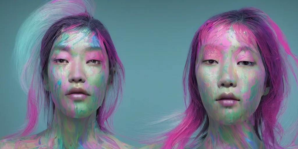 Image similar to a portrait of a very beautiful young asian goddess with pink and grey hair radiating an artwork made of swirling paint and impasto by wlop and lee griggs, background is multicoloured volumetric displacement, hyperrealism, subsurface scattering, arnold render, noise to volume, 8 k, houdini, xparticles