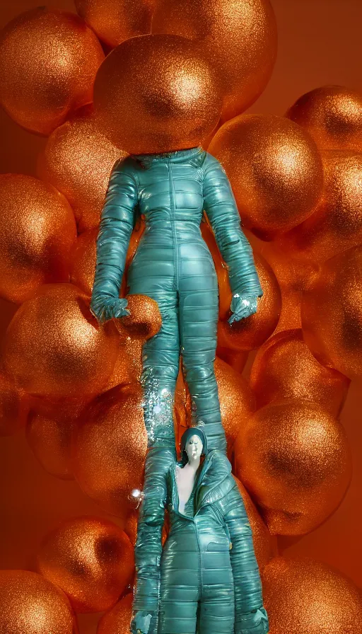 Prompt: a single beautiful slender figurine of a tall giant inflated space woman wearing over sized gold teal puffy bomber jacket, long bendy arms and legs, googly eyes, tareme eyes, small head, personification, dynamic pose, detailed product photo, tone mapped, beautiful composition, orange mist swirling at feet, 8 5 mm, f 5. 8