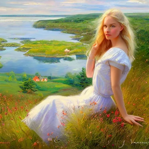 Image similar to blonde woman watching over the swedish countryside, archipelago, morning, masterpiece, highly detailed, beautiful, atmospheric, impressionism, painting by Vladimir Volegov