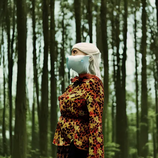 Image similar to woman with mask made of clouds and thorns, standing in a forest, Kodak vision3 500t