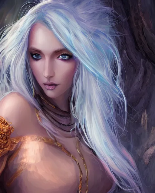 Image similar to A beautiful mysterious girl with cobalt-blue eyes and silky white hair, guitar shape build, her wardrobe is attractive, full body, fantasy art, in the style of Frank Neidhardt, illustration, epic art, fantasy, intricate, elgant, amazing detail, digital painting, artstation, concept art, smooth, sharp focus
