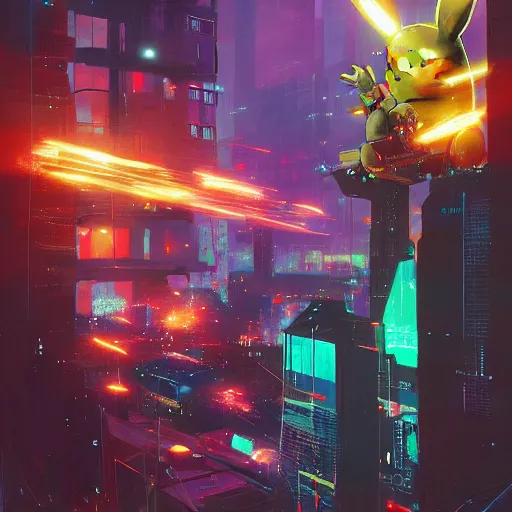 Prompt: giant mecha- Pikachu destroying a cyberpunk city at night, neon, by Josan Gonzalez and Craig Mullins, raining, thunder, electricity