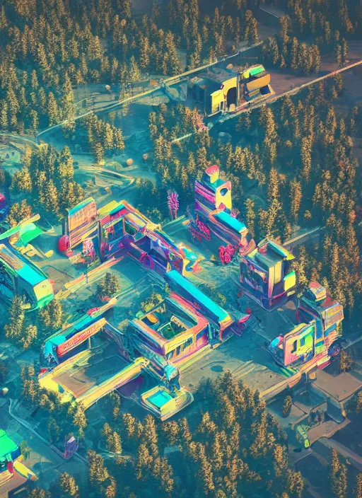 Prompt: abandoned cyberpunk village on a mountain, bird eye view, neon colors artwork by beeple