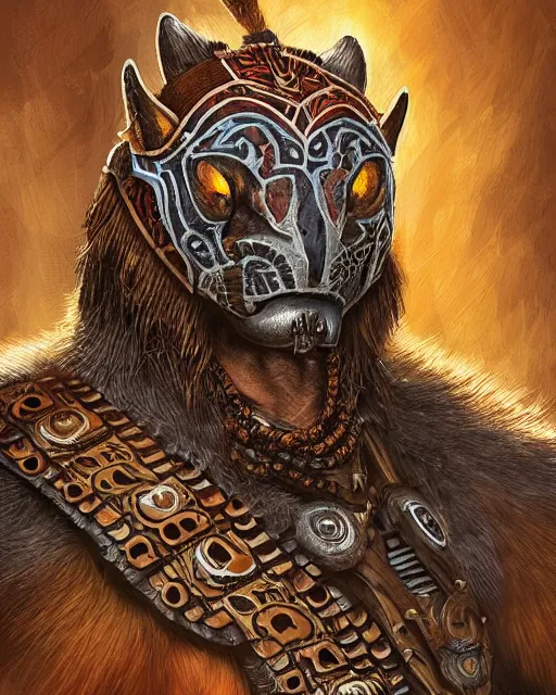 Image similar to digital painting of an aztec jaguar knight by filipe pagliuso and justin gerard, symmetric, fantasy, detailed, intricate, portrait, sharp focus, tarot card, handsome, gwent