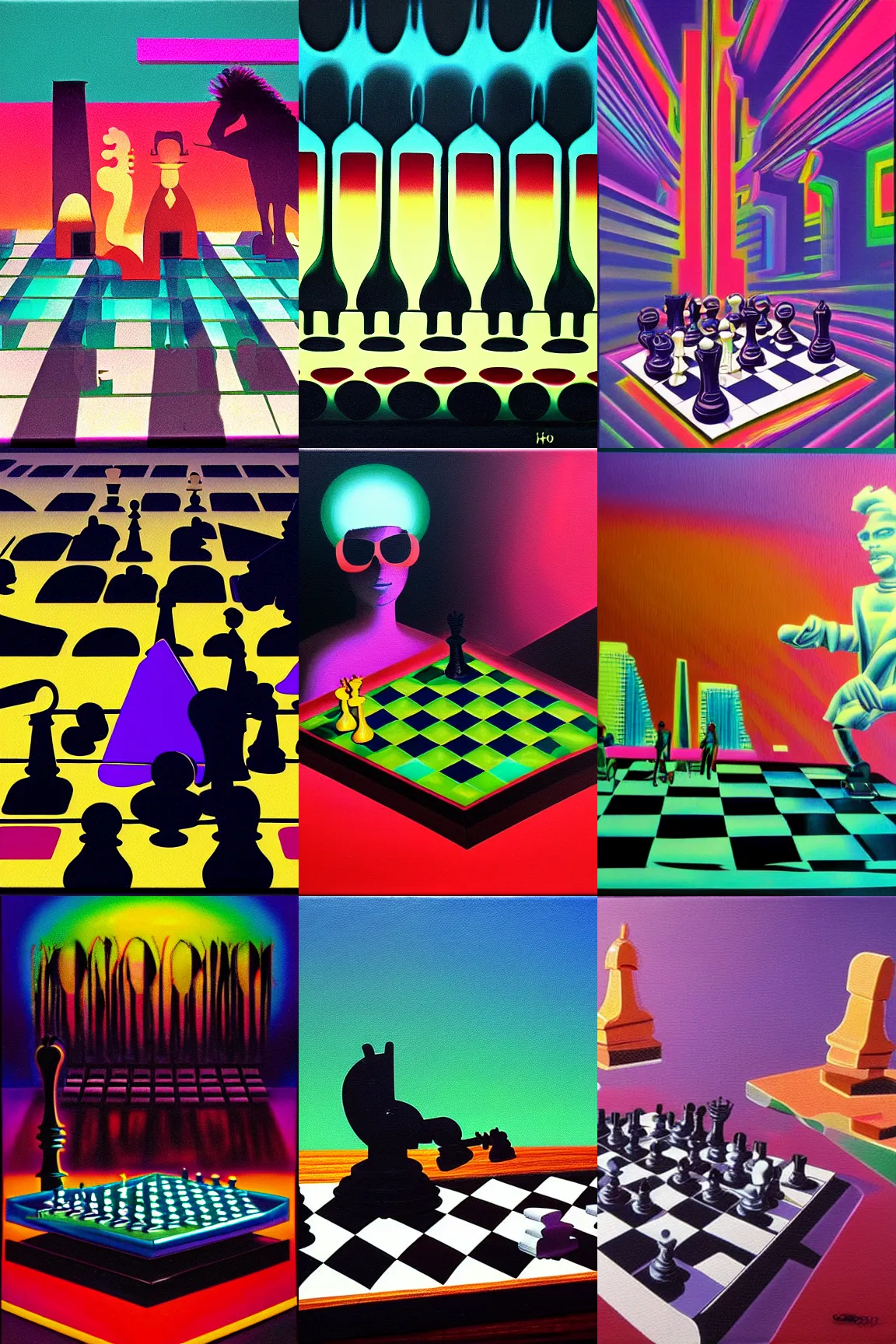 Prompt: surreal chess, 80s style synthwave, matte colors, oil on canvas