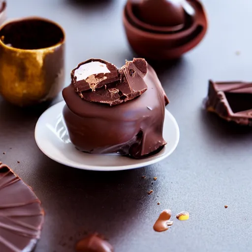 Image similar to extremely delicious looking photo of beautiful sweet melted chocolate in fancy stylish cup, very expensive top quality product, michelin star, most perfect desert on the world, small manufacture, unique style, 8 k, product photography, professional studio photography