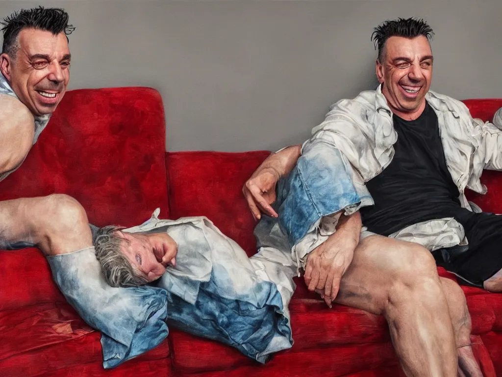 Prompt: extremely detailed digital painting of till lindemann sits on the couch with grandmother and laughing, stunning scene, 4 k, realism, bright colors, trending on artstation