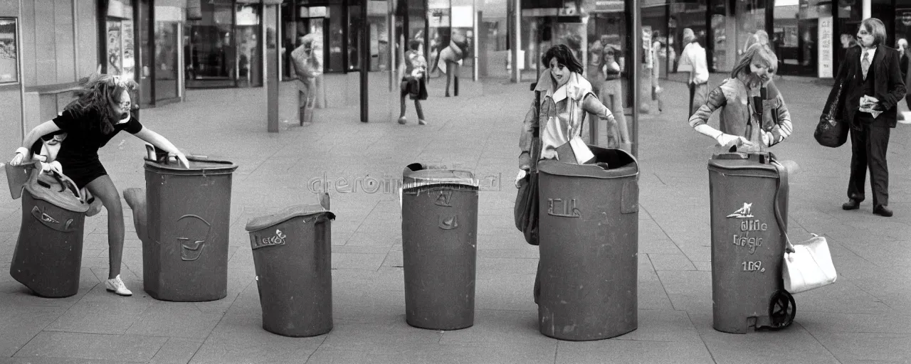 Image similar to Elden Ring:Liverpool 1980 a young woman tries to sneak past a giant dustbin knight outside Belle Vale Shopping Centre high quality professional photo AP PHOTOS