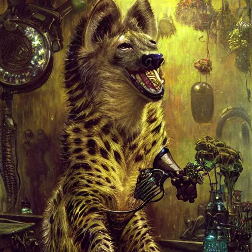 Prompt: portrait of a hyena gnoll as a florist. shadowrun furaffiniy cyberpunk fantasy highly detailed painting by gaston bussiere craig mullins jc leyendecker gustav klimt artgerm greg rutkowski john berkey, bergey, craig mullins, ruan jia, raymond swanland, jeremy mann, tom lovell, alex malveda