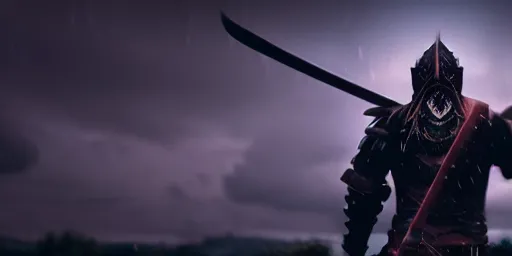 Image similar to The dark paladin with a heated sword in his hand and a burning flame with a sword in the rain. cinematic shot from back, realistic, 4K,