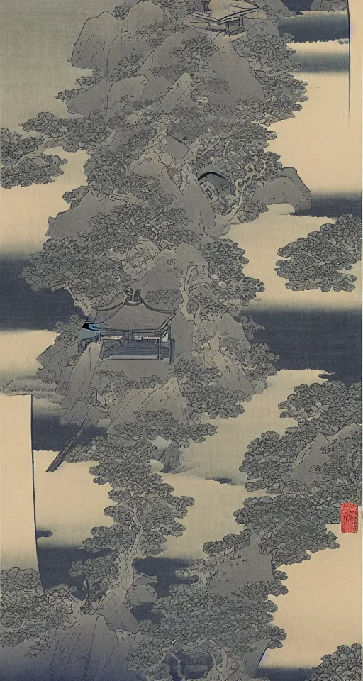 Image similar to hokusai, path of steps leading up to a temple, studio ghibi, japanese style, dreamy, layered, soft, black ink