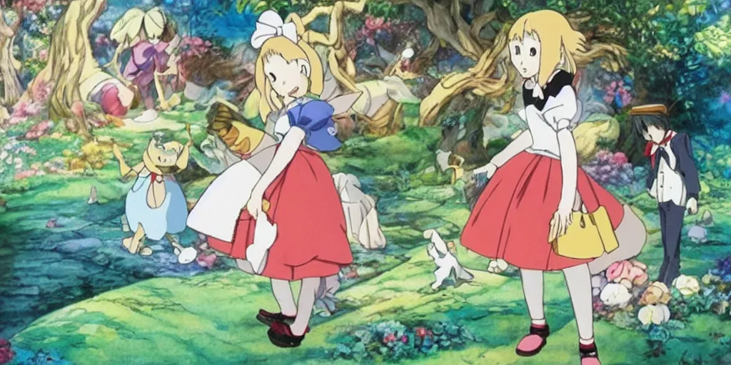 Prompt: alice in wonderland anime made by hayao miyazaki, dreamy, bright, colorful