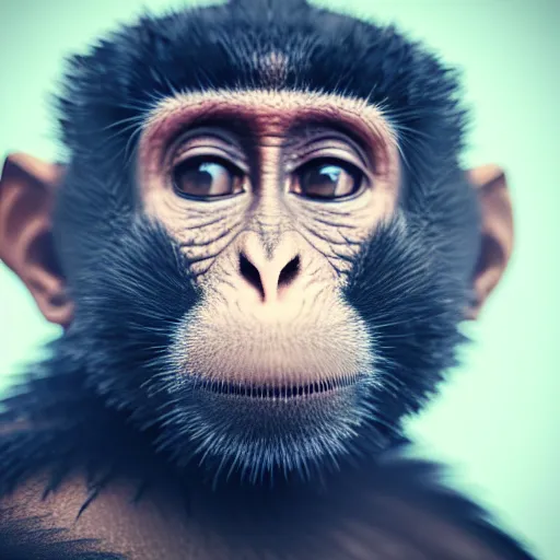 Image similar to high quality portrait of a monkey wearing black suit, studio photograph, photograph, realistic photo, 8k photo, 4k photo, stock photo, high resolution, cinematic shot, high detail