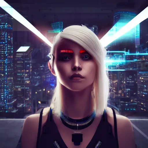 Image similar to panorama of a pretty blond cyberpunk seraphim in a machine city, perfect symmetrical face, cute face, 8 k, shallow depth of field, 8 k, ultra high detail, concept art, w 1 0 2 4