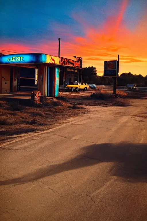 Image similar to a sunset light landscape with historical route 6 6, lots of sparkling details and sun ray ’ s, blinding backlight, smoke, volumetric lighting, colorful, octane, 3 5 mm, abandoned gas station, old rusty pickup - truck, beautiful epic colored reflections, very colorful heavenly, softlight