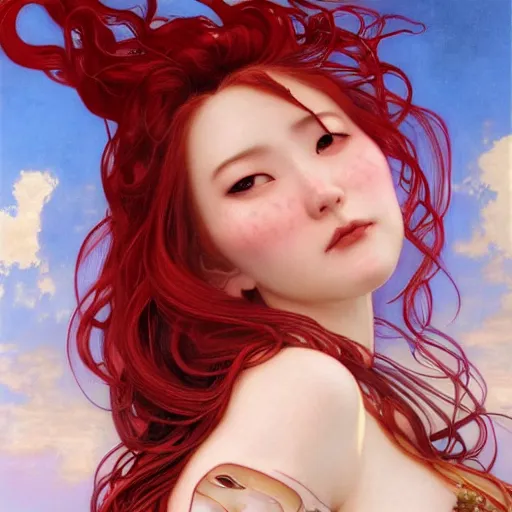 Image similar to portrait of Asuka Soryu with red long wavy hair drawn by Donato Giancola and Tom Bagshaw and Julie Bell, face by Artgerm, overall design by Alphonse Mucha, background by James Jean and Gustav Klimt, 4k, porcelain skin, komorebi, french nouveau, trending on artstation, octane render, hyperrealistic