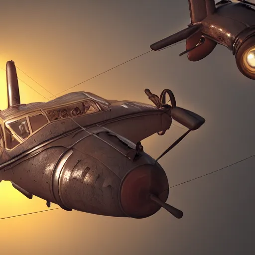 Image similar to steampunk airplane supperrealistic, artstation, fantasy, 4k, octane render, cinematic lighting, anamorphic lens flare, post processing, concept art
