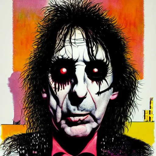 Image similar to graphic illustration, creative design, alice cooper, biopunk, by ralph steadman, francis bacon, hunter s thompson, highly detailed