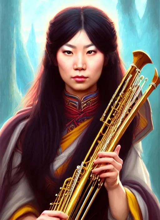 Image similar to a _ fantasy _ style _ portrait _ painting _ of asian female charismatic bard playing instrument, rpg dnd oil _ painting _ unreal _ 5 _ daz. _ rpg _ portrait _ extremely _ detailed _ artgerm _ greg _ rutkowski _ greg