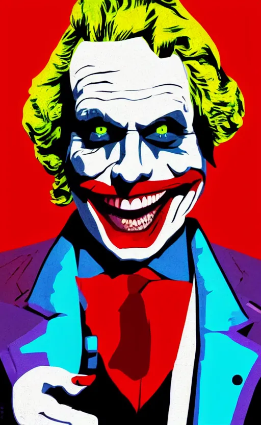 Image similar to individual joker portrait fallout 7 6 retro futurist illustration art by beeple, sticker, colorful, illustration, highly detailed, simple, smooth and clean vector curves, no jagged lines, vector art, smooth andy warhol style