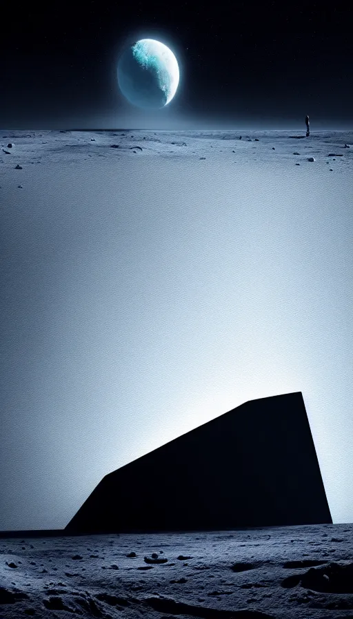 Prompt: concept art by jama jurabaev, cinematic shot, trending on artstation, high quality, brush stroke, hyperspace, vibrant colors, reflective rectangular black monolith standing on moon, fog