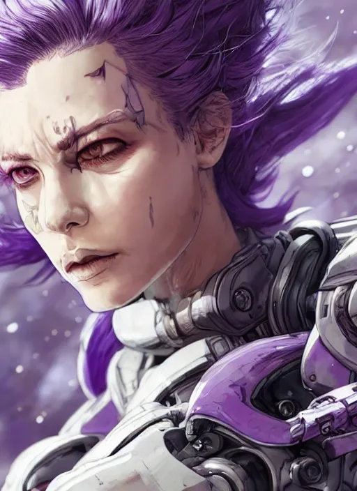 Image similar to close up portrait of a pale woman in sci - fi power armor with purple hair, powerful, domineering, stoic, masterful, intense, ultrafine hyperdetailed illustration by kim jung gi, irakli nadar, intricate linework, sharp focus, octopath traveler, yoji shinkawa, highly rendered, detailed, concept art