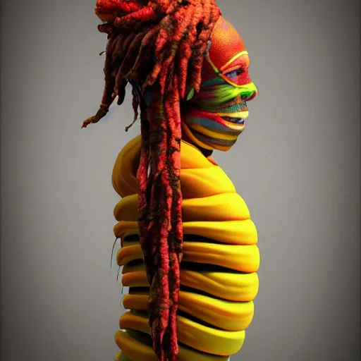 Prompt: photorealistic humanoid rasta banana. hyperdetailed photorealism, 1 0 8 megapixels, amazing depth, glowing rich colors, powerful imagery, psychedelic overtones, 3 d finalrender, 3 d shading, cinematic lighting, artstation concept art