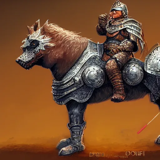 Image similar to fat dog in chainmail armour riding a horse, dnd concept art 4 k