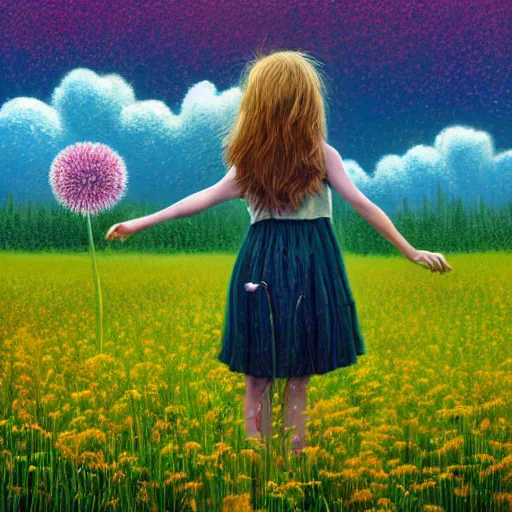 Image similar to girl with dandelion head, surreal photography, dream, standing in flower field, hills, big trees, sunrise dramatic light, impressionist painting, colorful clouds, digital painting, pointillism, artstation, simon stalenhag