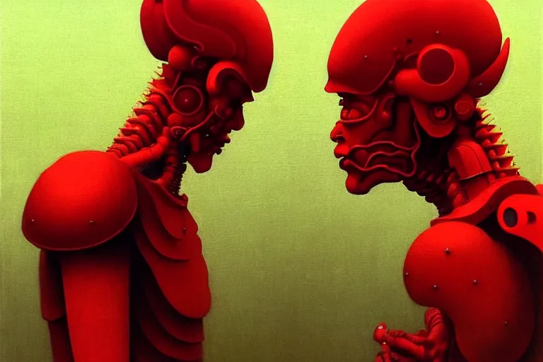 Image similar to only with red, a red samurai humanoid, tokio futuristic in background, yokai, in the style of beksinski, parts by edward hopper, parts by rodcenko, parts by yue minjun, intricate and epic composition, red by caravaggio, insanely quality, highly detailed, masterpiece, red light, artstation, 4 k