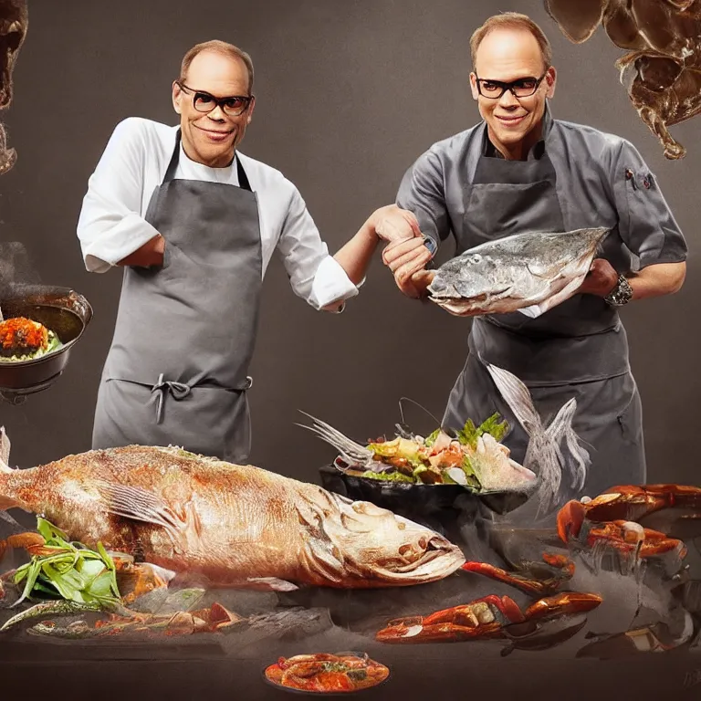 Image similar to “chef Alton Brown and a grey cat cooking a whole fish on iron chef, digital art, hyperdetailed, 8k”