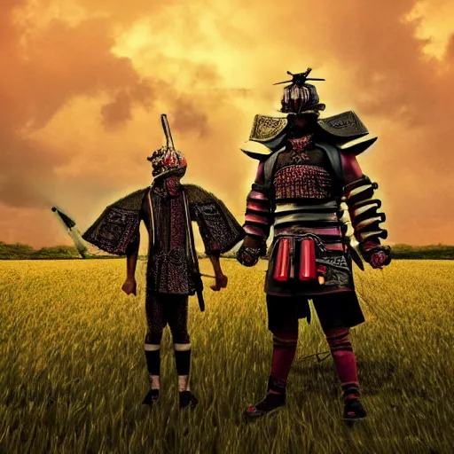 Image similar to giant samurai standing in a field opposite a small soldier, detailed digital artwork, symmetrical, highly detailed, highly accurate, deep aesthetic, 8 k, highly ornate intricate details, cinematic lighting, rich colors, ray tracing, hyperrealistic, photorealistic, cinematic landscape, trending on artstation,