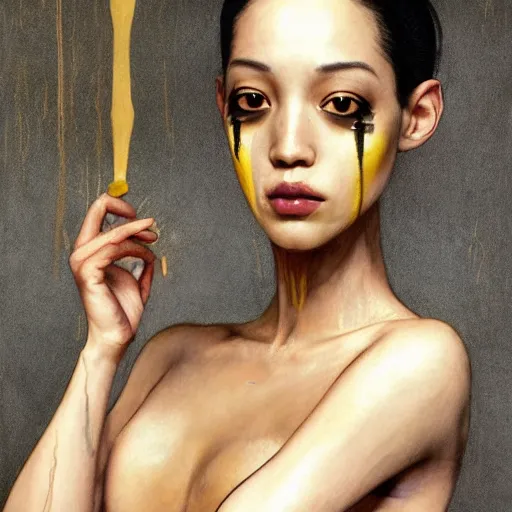 Prompt: Kiko Mizuhara body and face painted gold all over, physically accurate, very very very dramatic dynamic lighting, intricate, elegant, highly detailed, digital painting, artstation, very hyperrealistic, HR GIGER, Hieronymus Bosch, Francis Bacon, concept art, smooth, sharp focus, illustration, art by artgerm and greg rutkowski and alphonse mucha