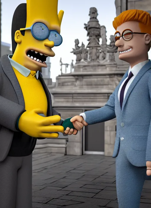 Image similar to bart simpson and harry potter business handshake, they're all statues, octane render, 8 k, highly detailed, hyper - realistic.