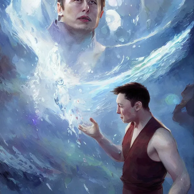 Image similar to Elon Musk as a waterbender, portrait, elegant, intricate, digital painting, artstation, concept art, smooth, sharp focus, illustration, art by konstantin korovin and Daniel F. Gerhartz and john howe