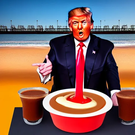 Image similar to donald trump slamming pudding onto citizens, citizens soaked with pudding, golden hour, boardwalk, professional photography