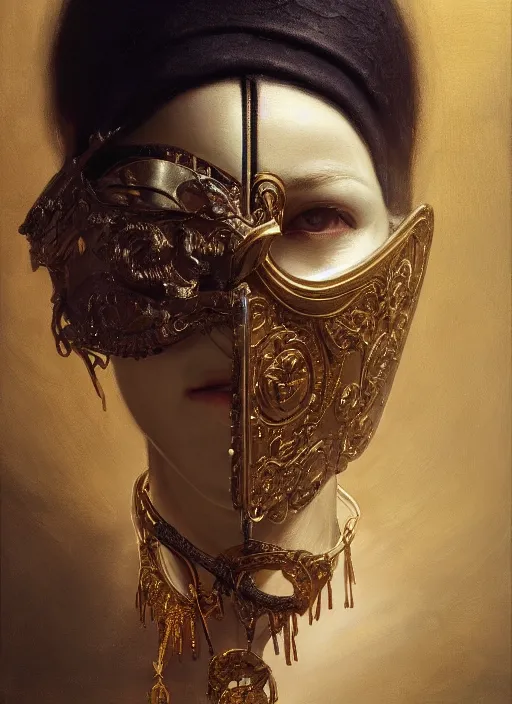 Image similar to highly detailed oil painting | very intricate | cinematic lighting | award - winning | the train mask by alexander mcqueen | by roberto ferri, by leng jun, by j. c. leyendecker and klimt, american romanticism, by austin osman spare, artstation, cgsociety, official art, octane